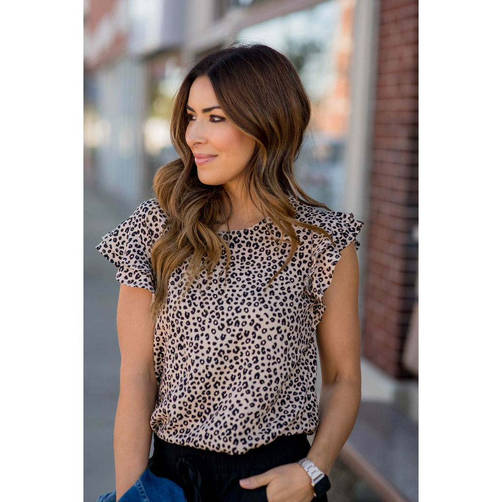 Ruffle Sleeve Mini Leopard Blouse - Betsey's Boutique Shop