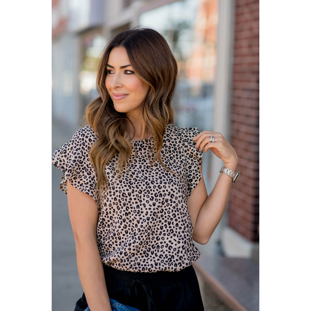 Ruffle Sleeve Mini Leopard Blouse - Betsey's Boutique Shop