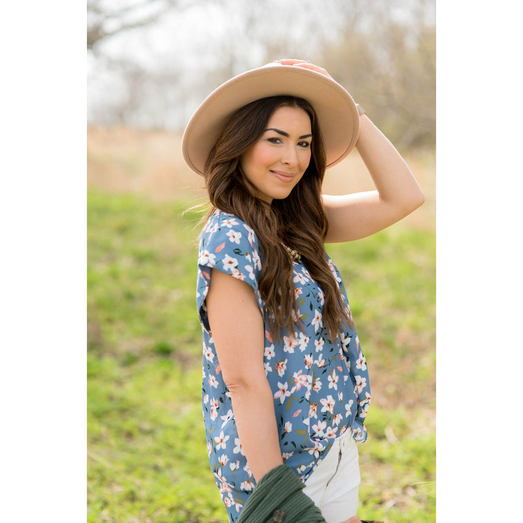 Floral Tie Flutter Blouse - Blue - Betsey's Boutique Shop