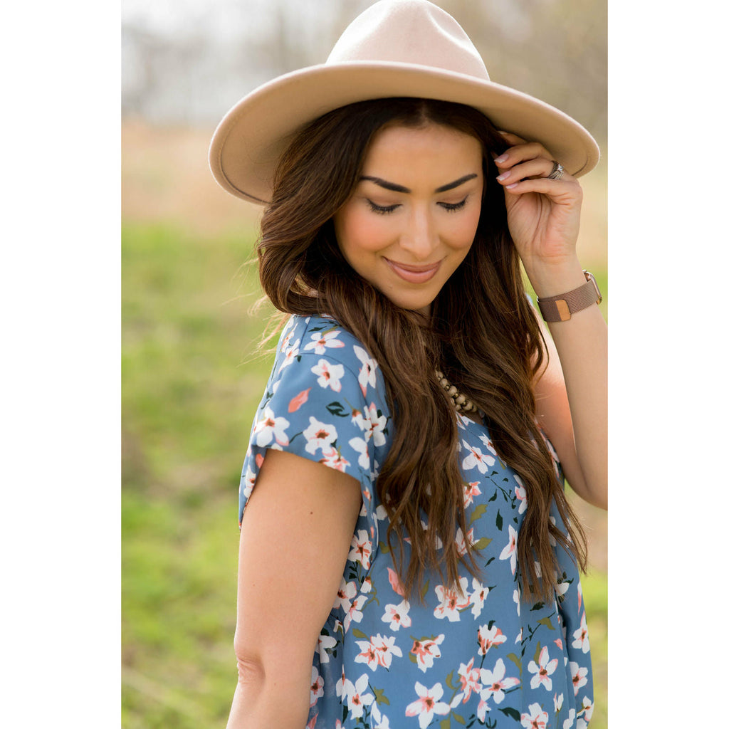 Floral Tie Flutter Blouse - Blue - Betsey's Boutique Shop