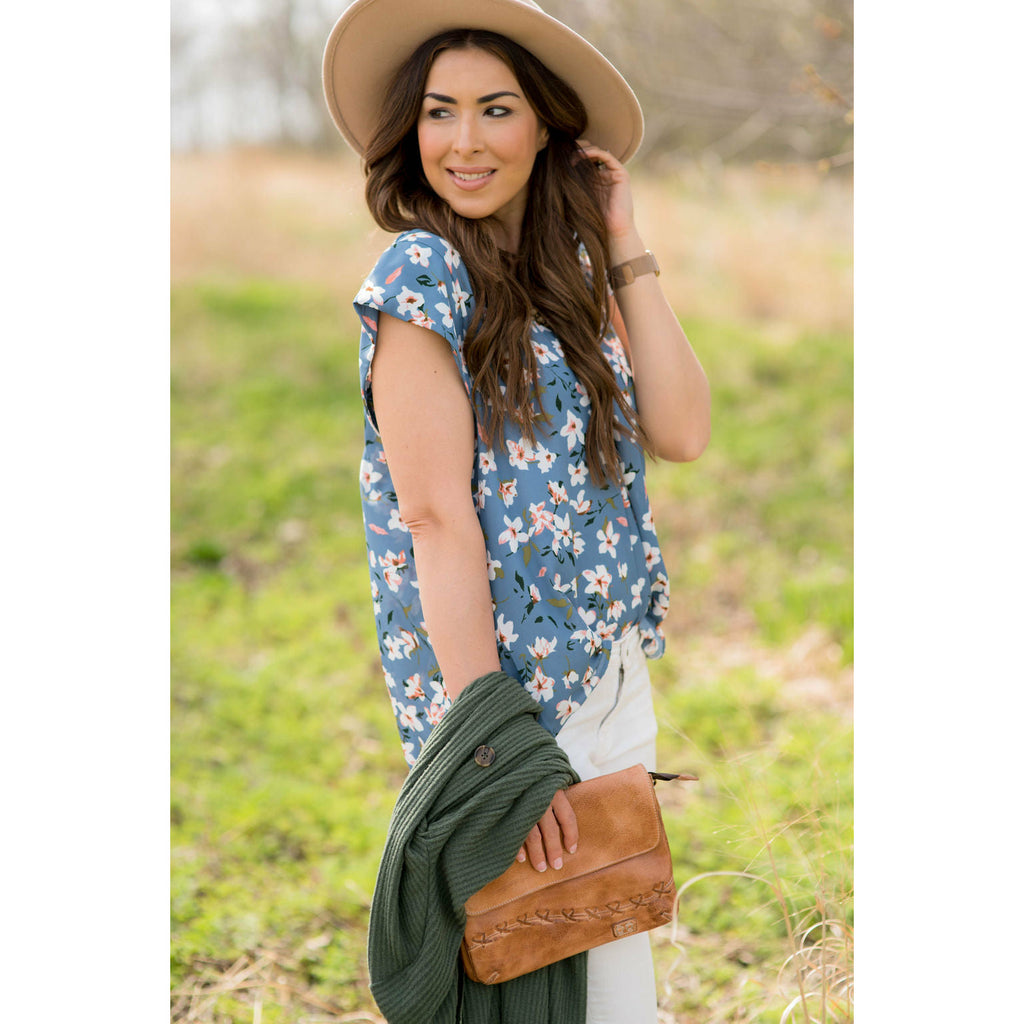 Floral Tie Flutter Blouse - Blue - Betsey's Boutique Shop