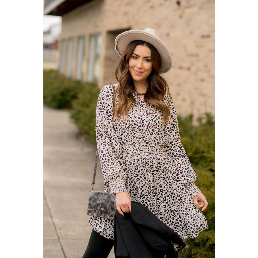 Long Sleeve Hint of Color Leopard Dress - Betsey's Boutique Shop - Dresses