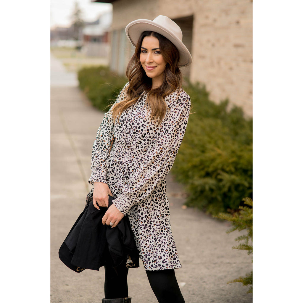 Long Sleeve Hint of Color Leopard Dress - Betsey's Boutique Shop - Dresses