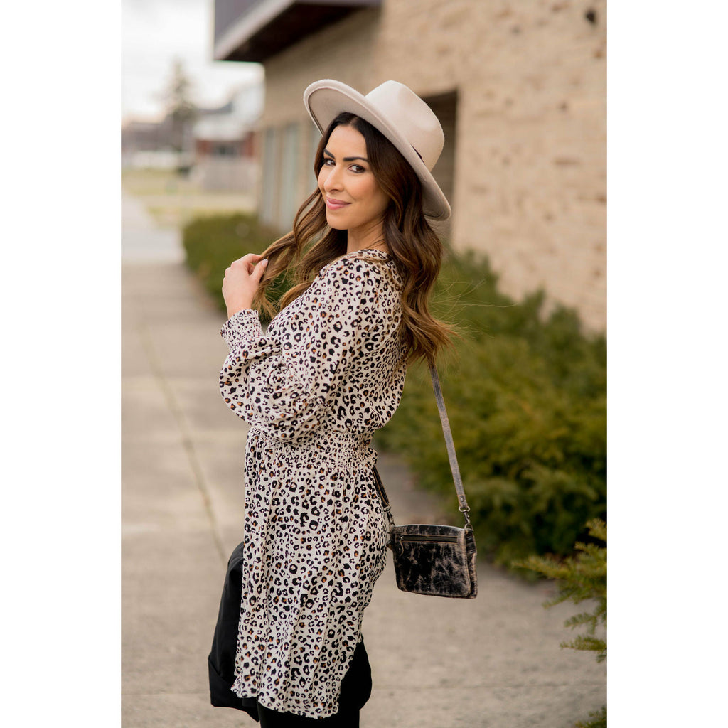 Long Sleeve Hint of Color Leopard Dress - Betsey's Boutique Shop - Dresses