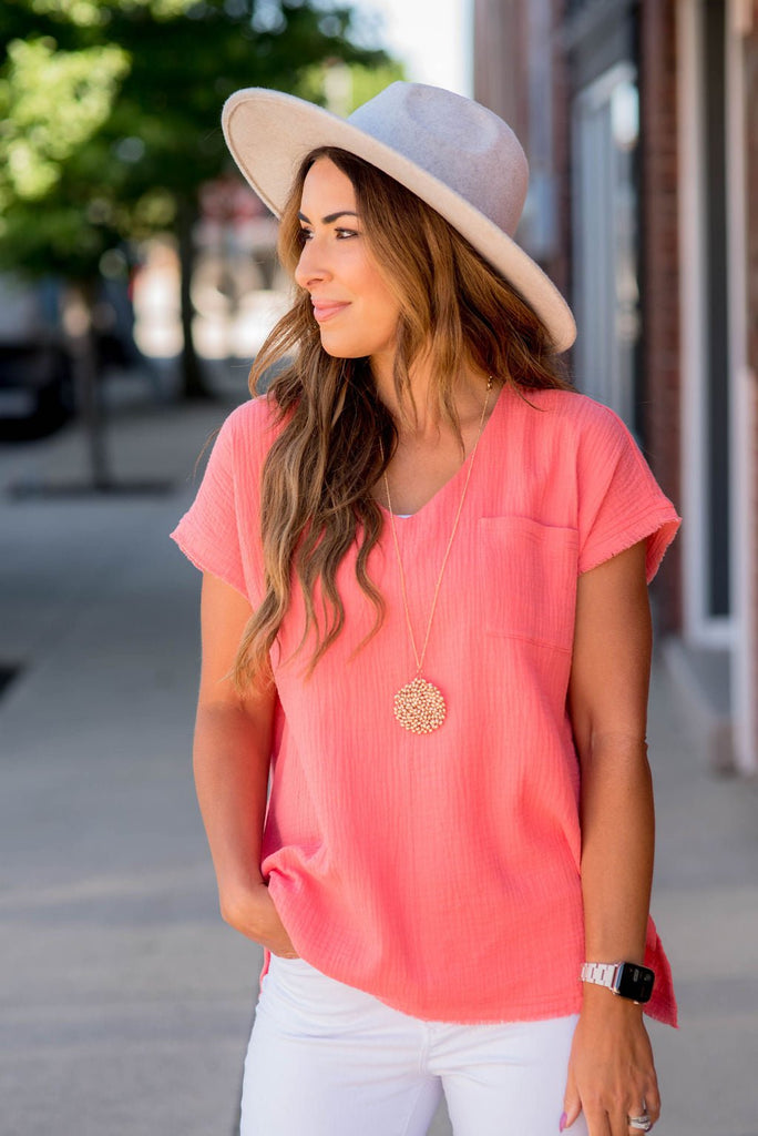 Gauze Frayed Trim V-Neck Tee - Betsey's Boutique Shop