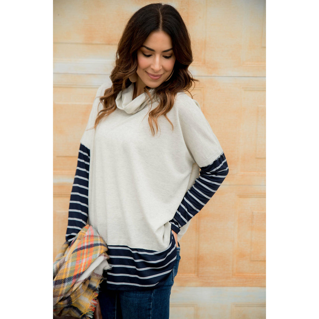 Trimmed Cowl Neck Sweatshirt - Betsey's Boutique Shop