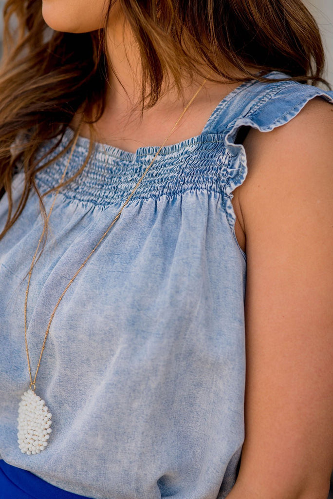 Cinched Ruffle Trim Denim Tank - Betsey's Boutique Shop -