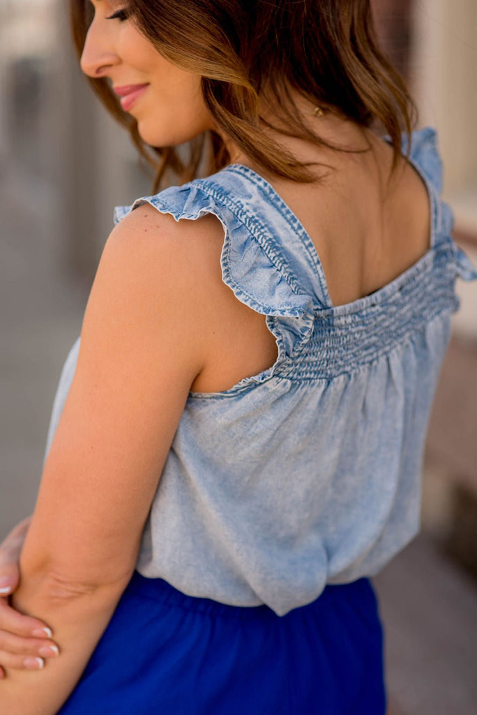 Cinched Ruffle Trim Denim Tank - Betsey's Boutique Shop -