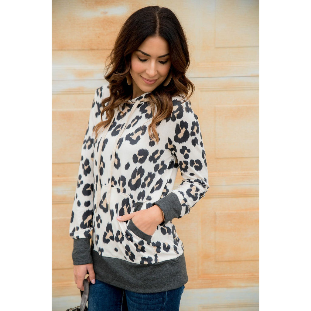 Solid Trim Leopard Print Hoodie - Betsey's Boutique Shop