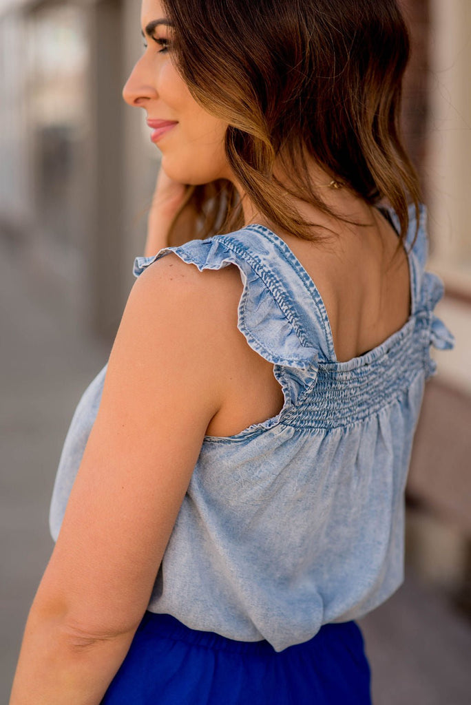 Cinched Ruffle Trim Denim Tank - Betsey's Boutique Shop -