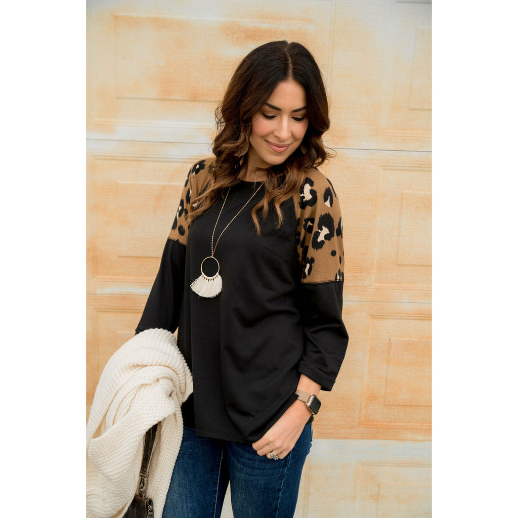 Leopard Top 3/4 Sleeve Sweatshirt - Betsey's Boutique Shop