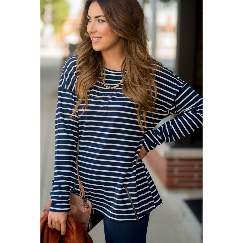 Mixed Stripe Zipper Bottom Sweatshirt - Betsey's Boutique Shop