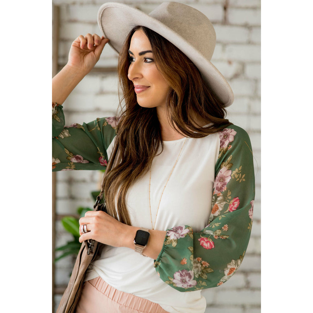 Floral Sheer Sleeve Blouse - Betsey's Boutique Shop