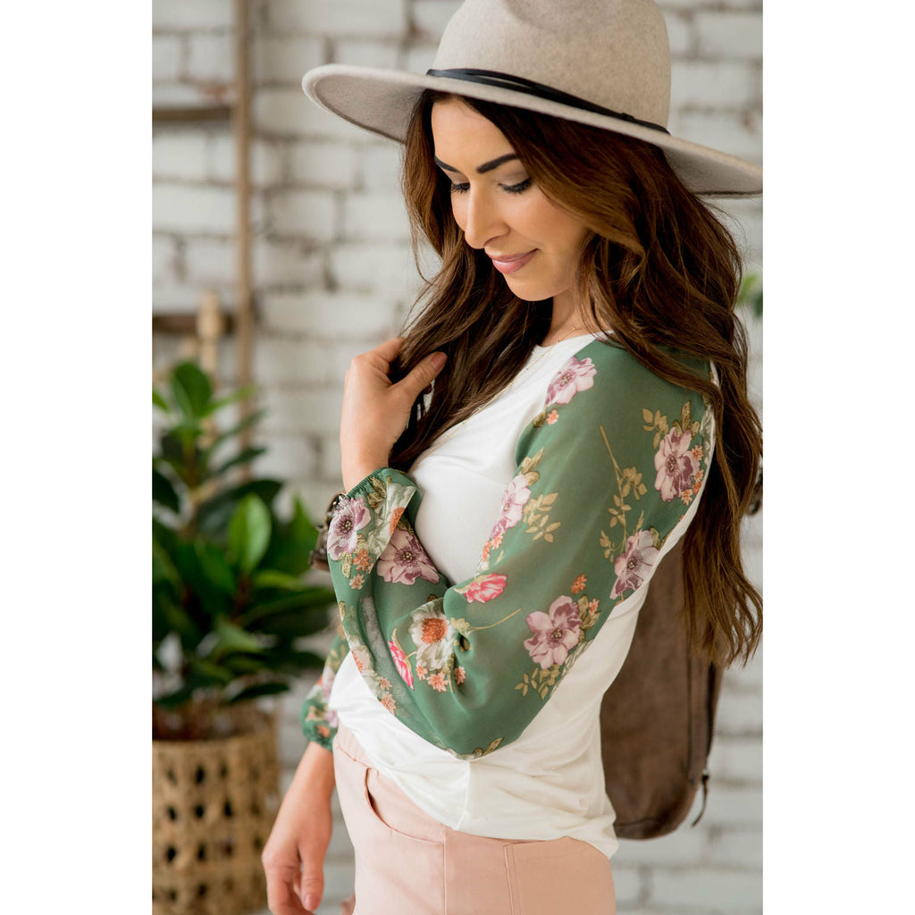 Floral Sheer Sleeve Blouse - Betsey's Boutique Shop