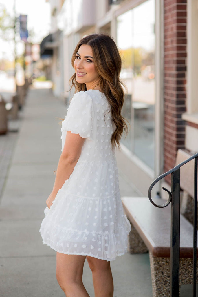 Textured Dot Puff Sleeve Tiered Dress - Betsey's Boutique Shop -