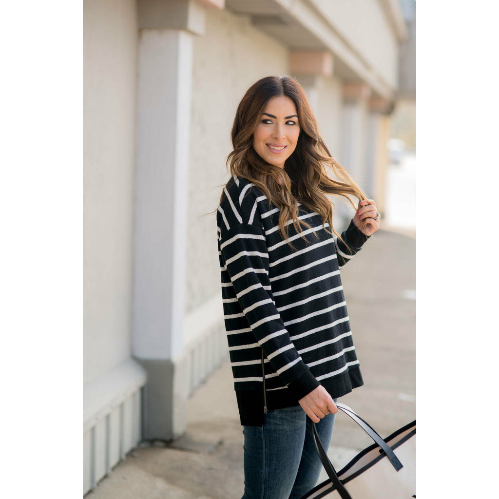 Sassy Side Zipper Striped Sweatshirt - Betsey's Boutique Shop