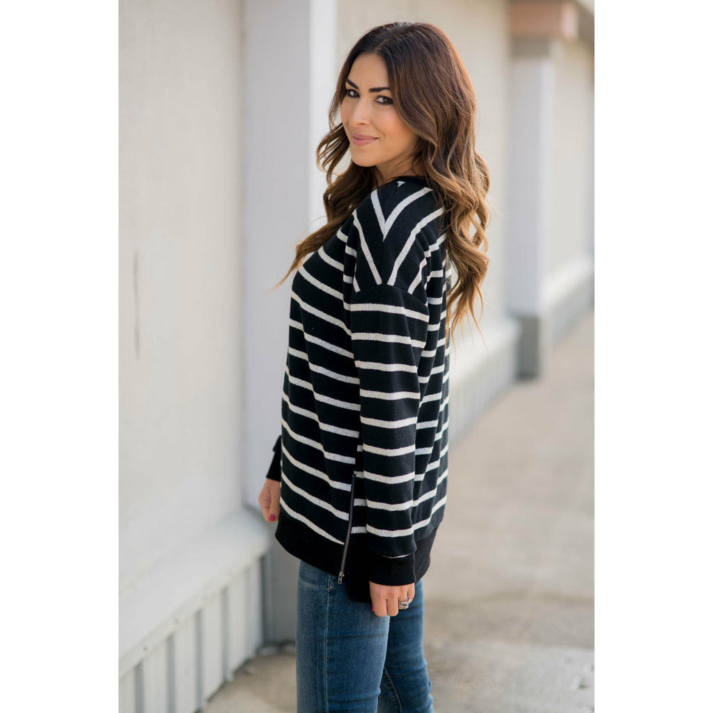 Sassy Side Zipper Striped Sweatshirt - Betsey's Boutique Shop