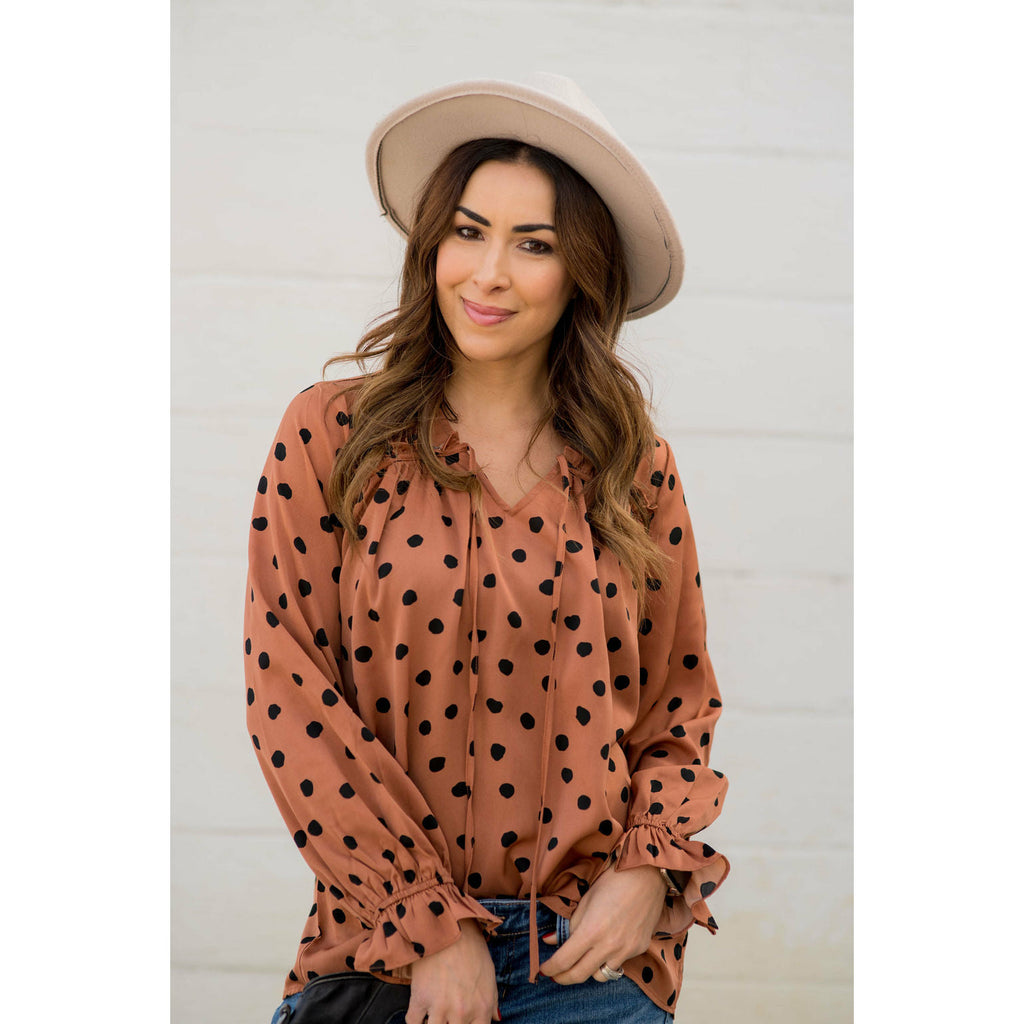 Polka Dot Drawstring Blouse - Betsey's Boutique Shop