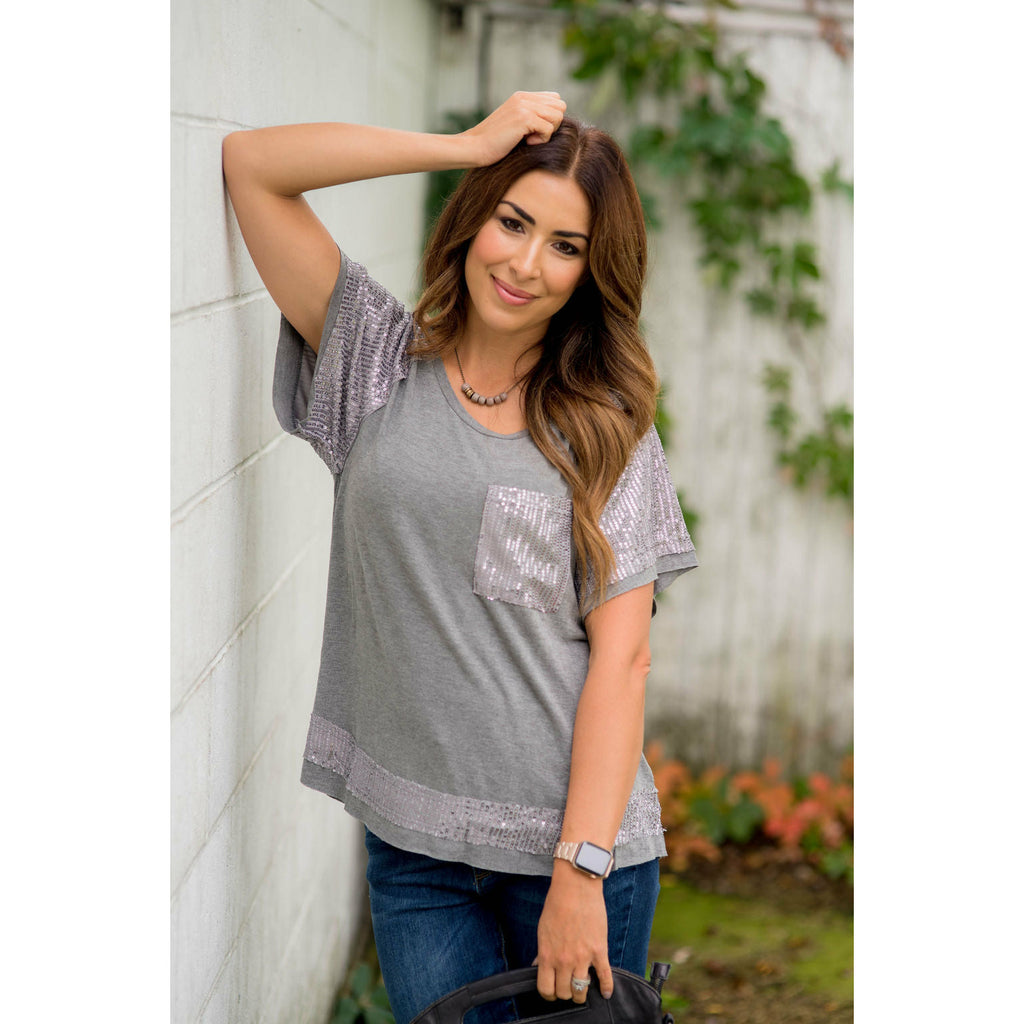 Sequin Detailed Pocket Short Sleeve Tee - Betsey's Boutique Shop