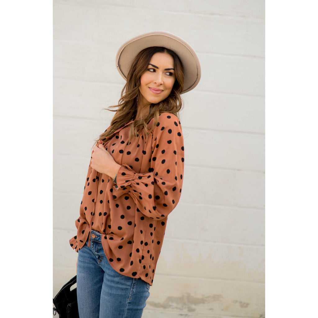 Polka Dot Drawstring Blouse - Betsey's Boutique Shop