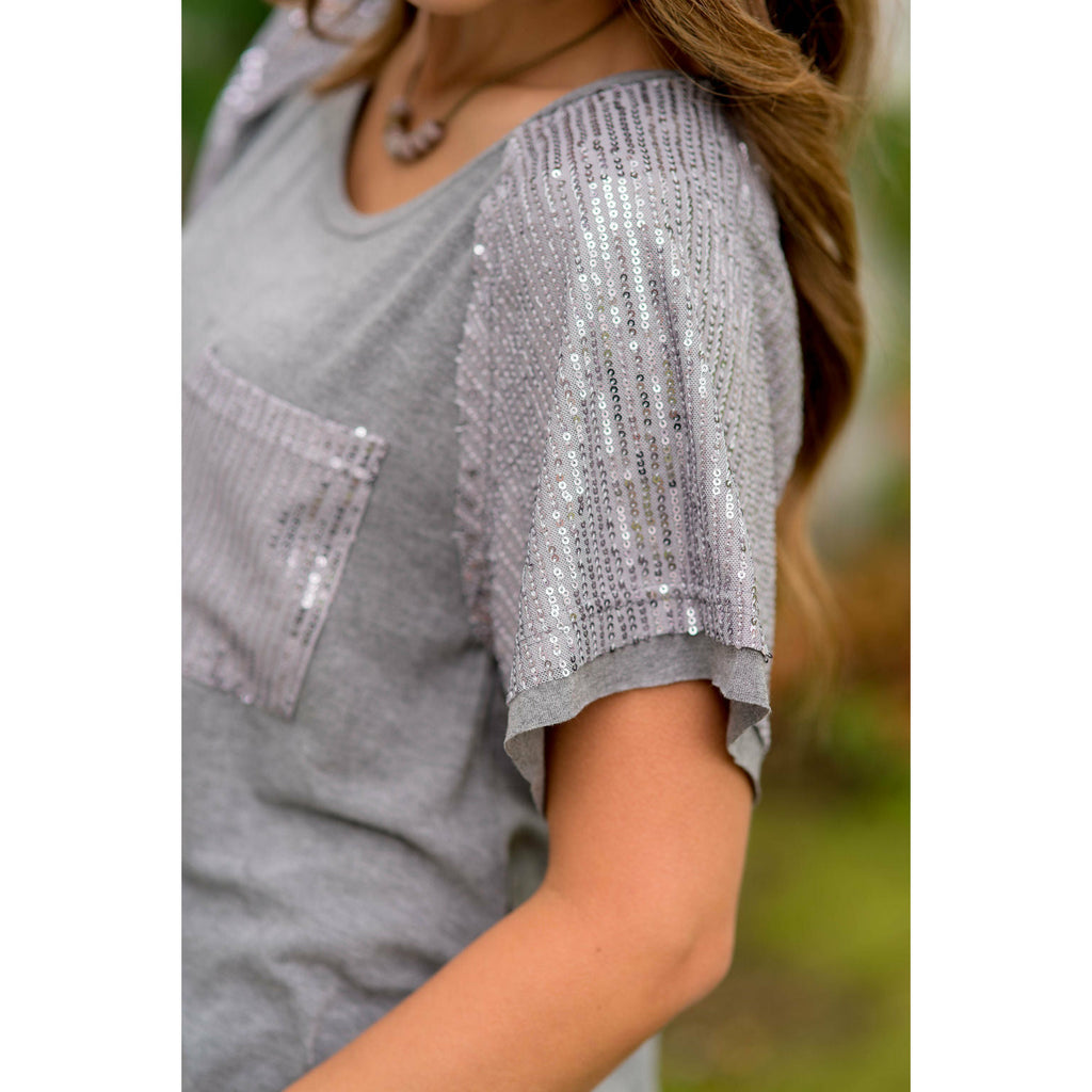 Sequin Detailed Pocket Short Sleeve Tee - Betsey's Boutique Shop