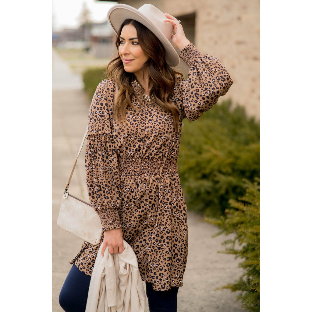 Long Sleeve Hint of Color Leopard Dress - Betsey's Boutique Shop - Dresses