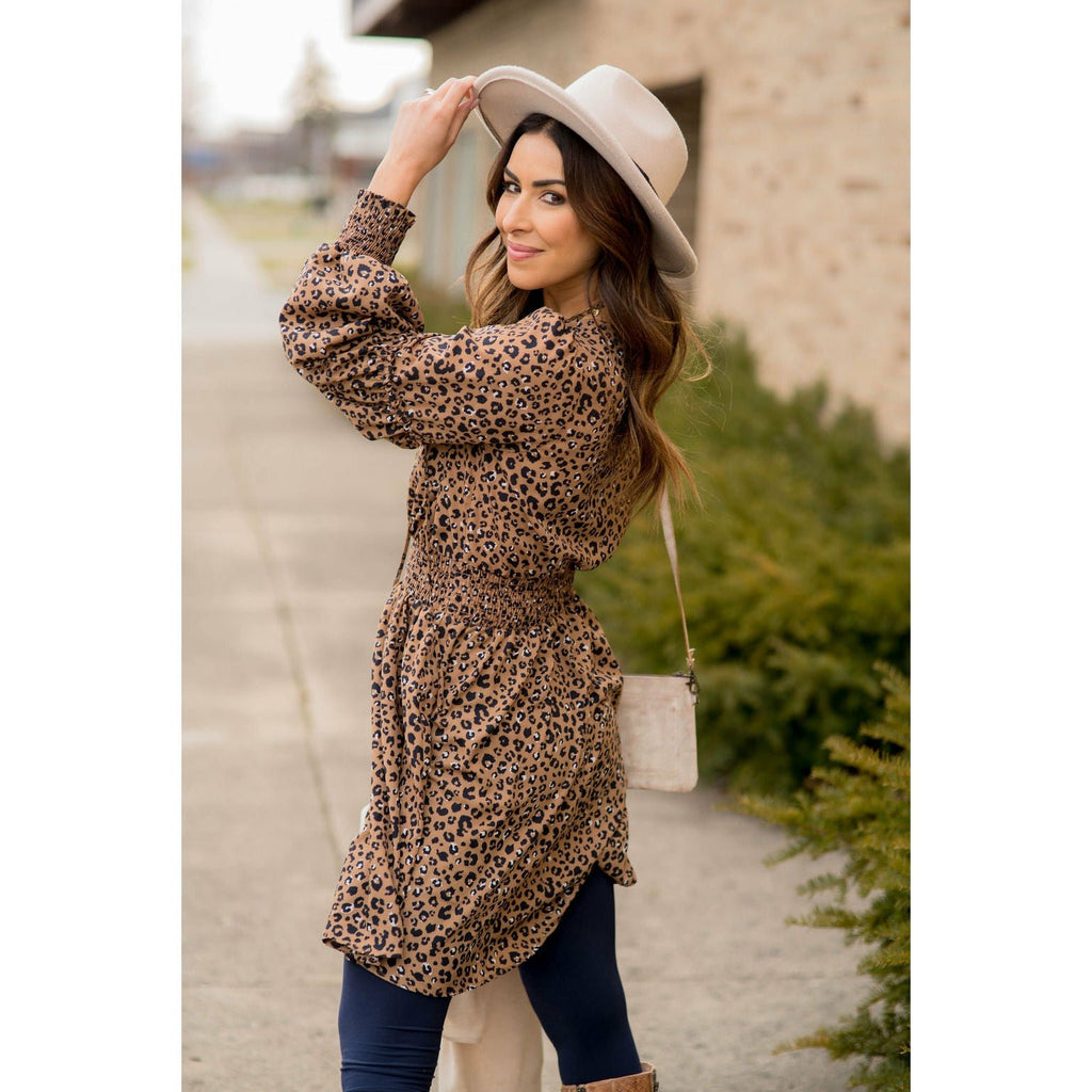 Long Sleeve Hint of Color Leopard Dress - Betsey's Boutique Shop - Dresses