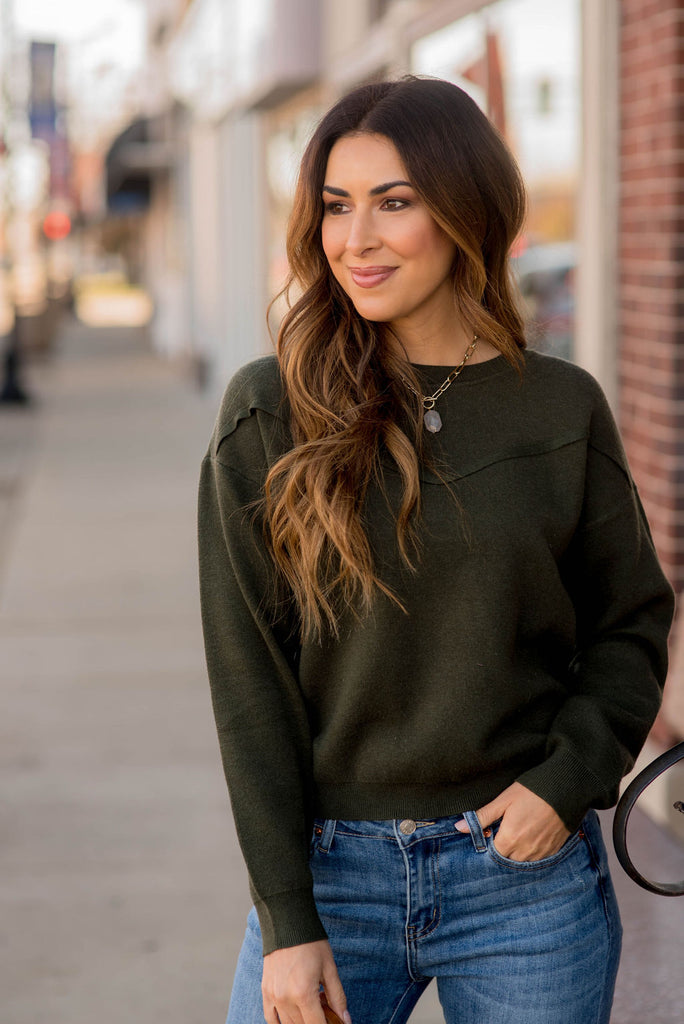 Raw Stitched V Accent Sweater - Betsey's Boutique Shop -