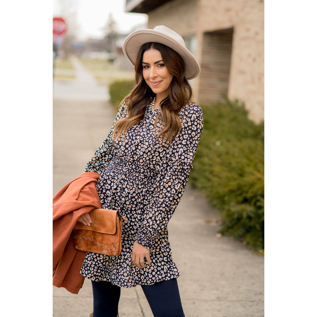 Long Sleeve Hint of Color Leopard Dress - Betsey's Boutique Shop - Dresses