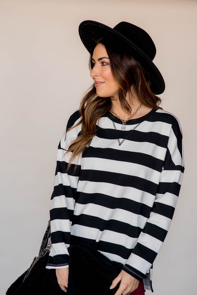 Striped V Stitched Sweatshirt - Betsey's Boutique Shop - Shirts & Tops