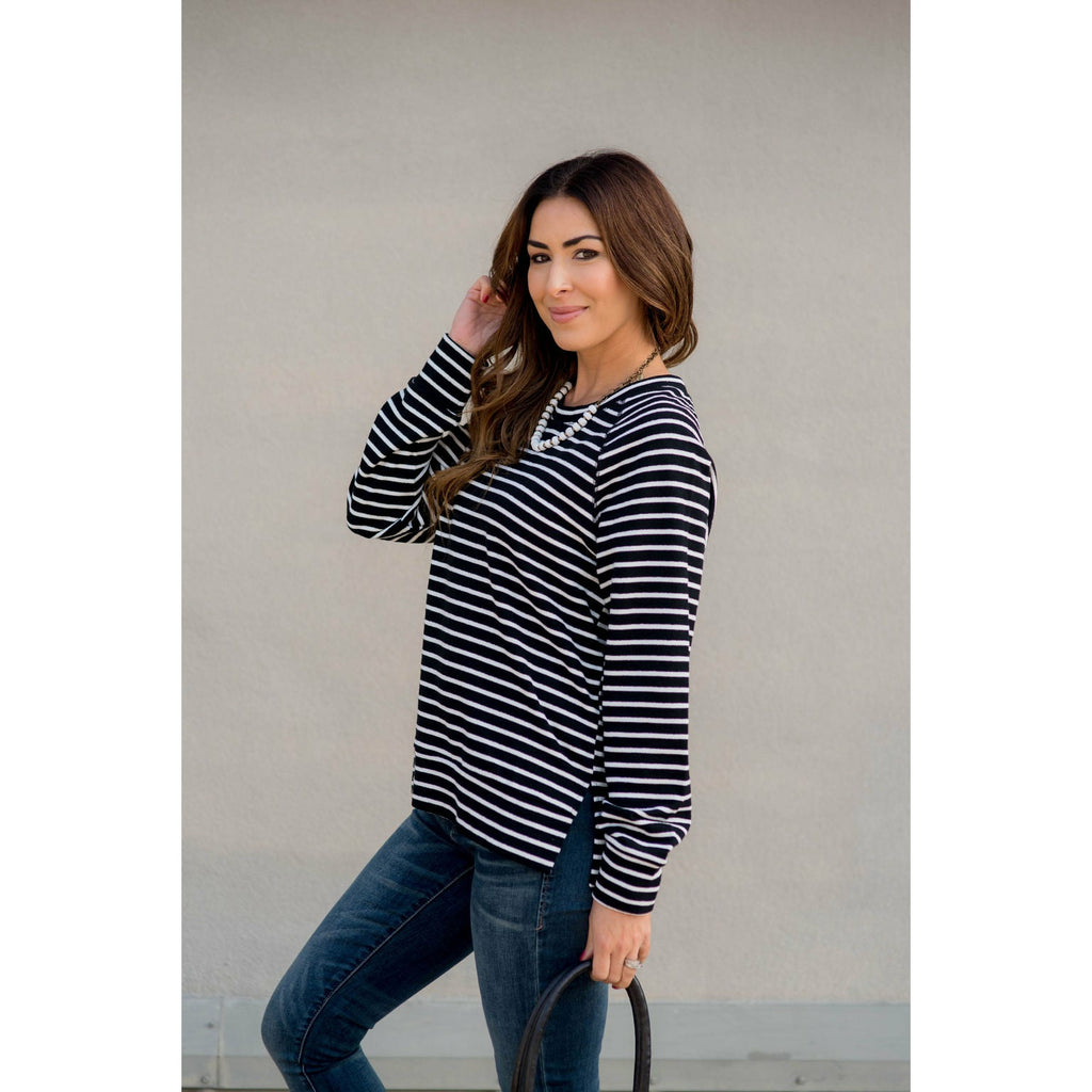 Sassy Side Split Striped Sweatshirt - Betsey's Boutique Shop - Shirts & Tops