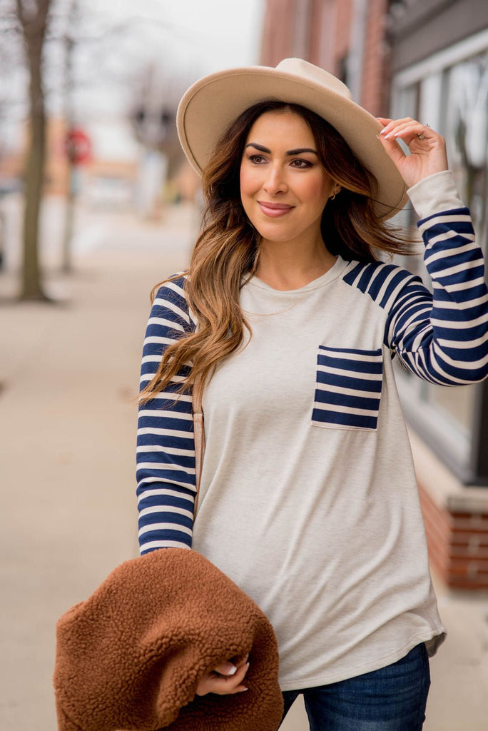 Striped Sleeve Pocket Sweatshirt - Betsey's Boutique Shop - Shirts & Tops