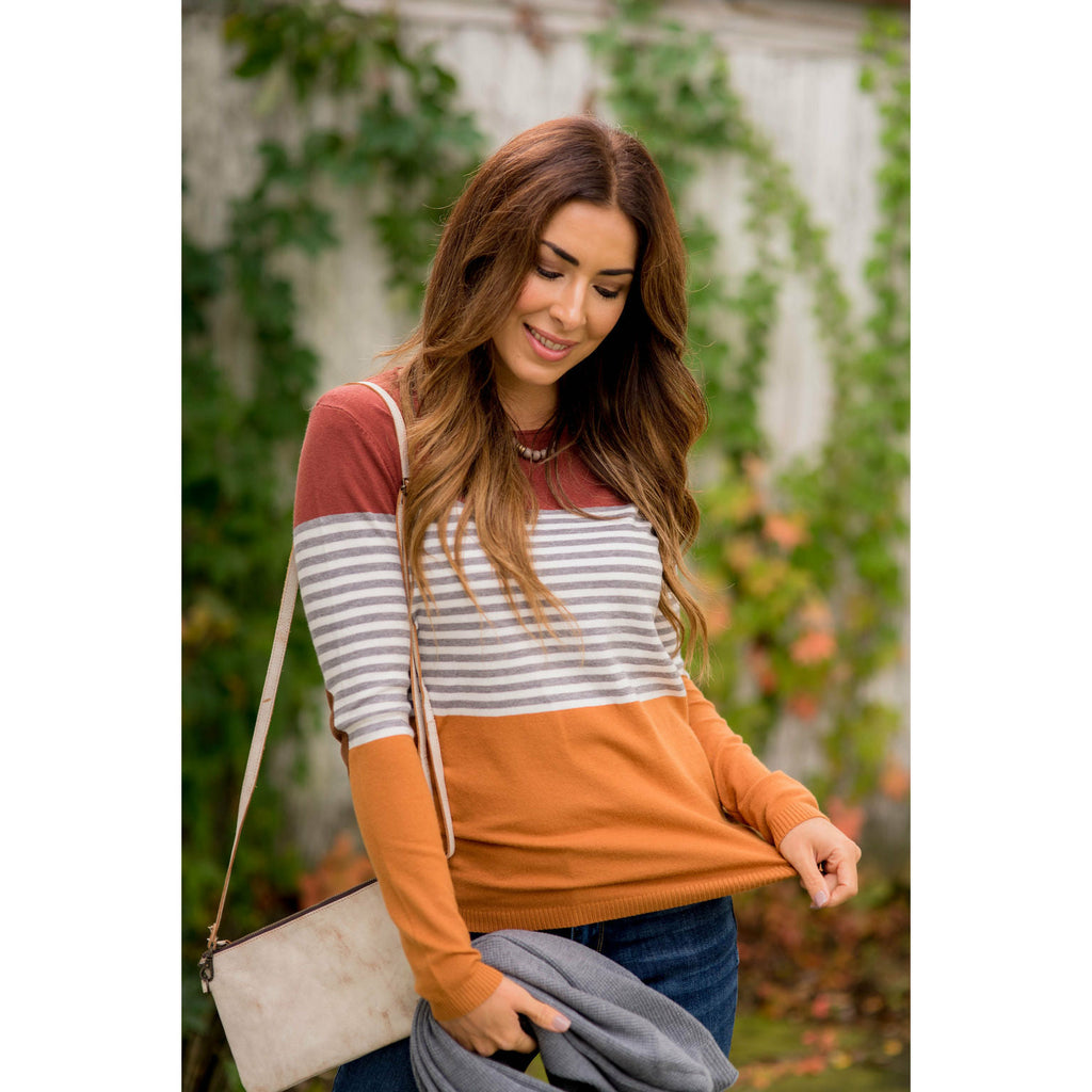 Elbow Patch Double Blocked Striped Sweater - Betsey's Boutique Shop - Outerwear