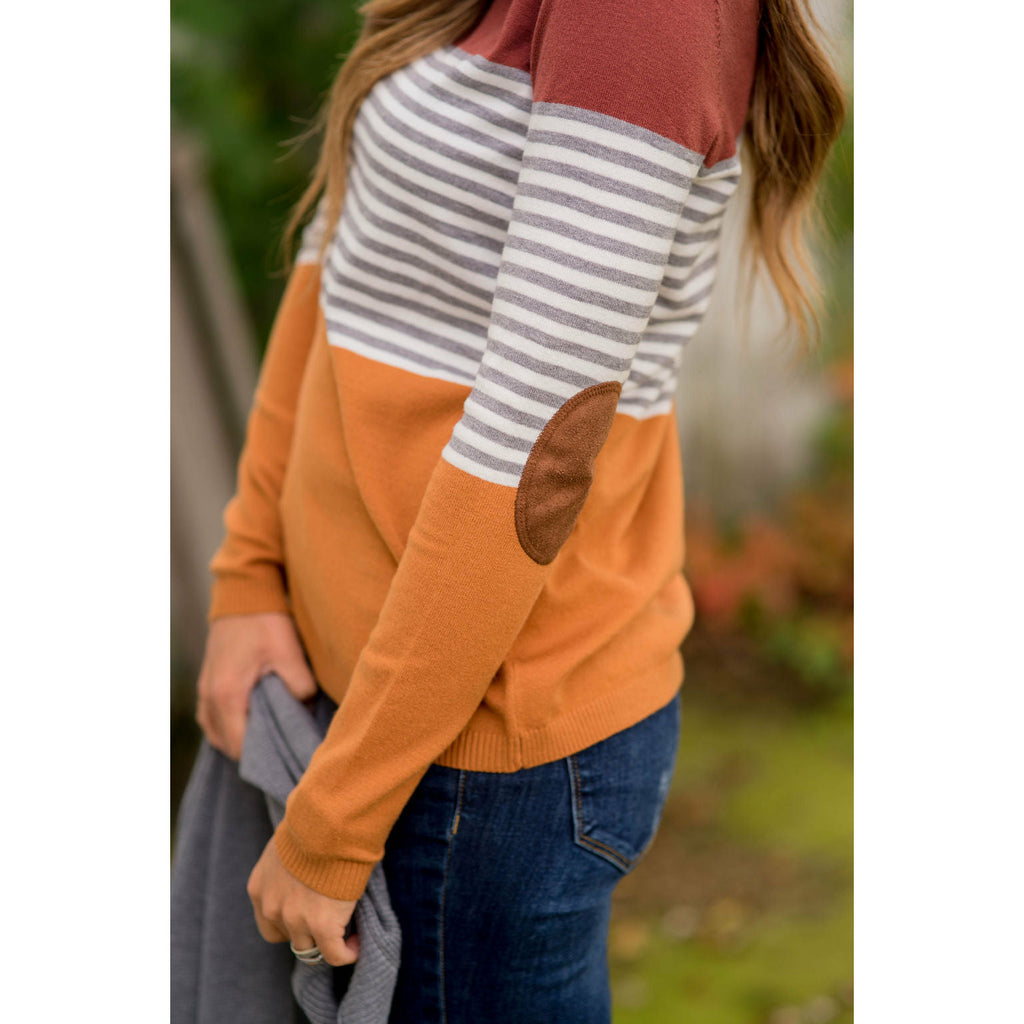 Elbow Patch Double Blocked Striped Sweater - Betsey's Boutique Shop - Outerwear