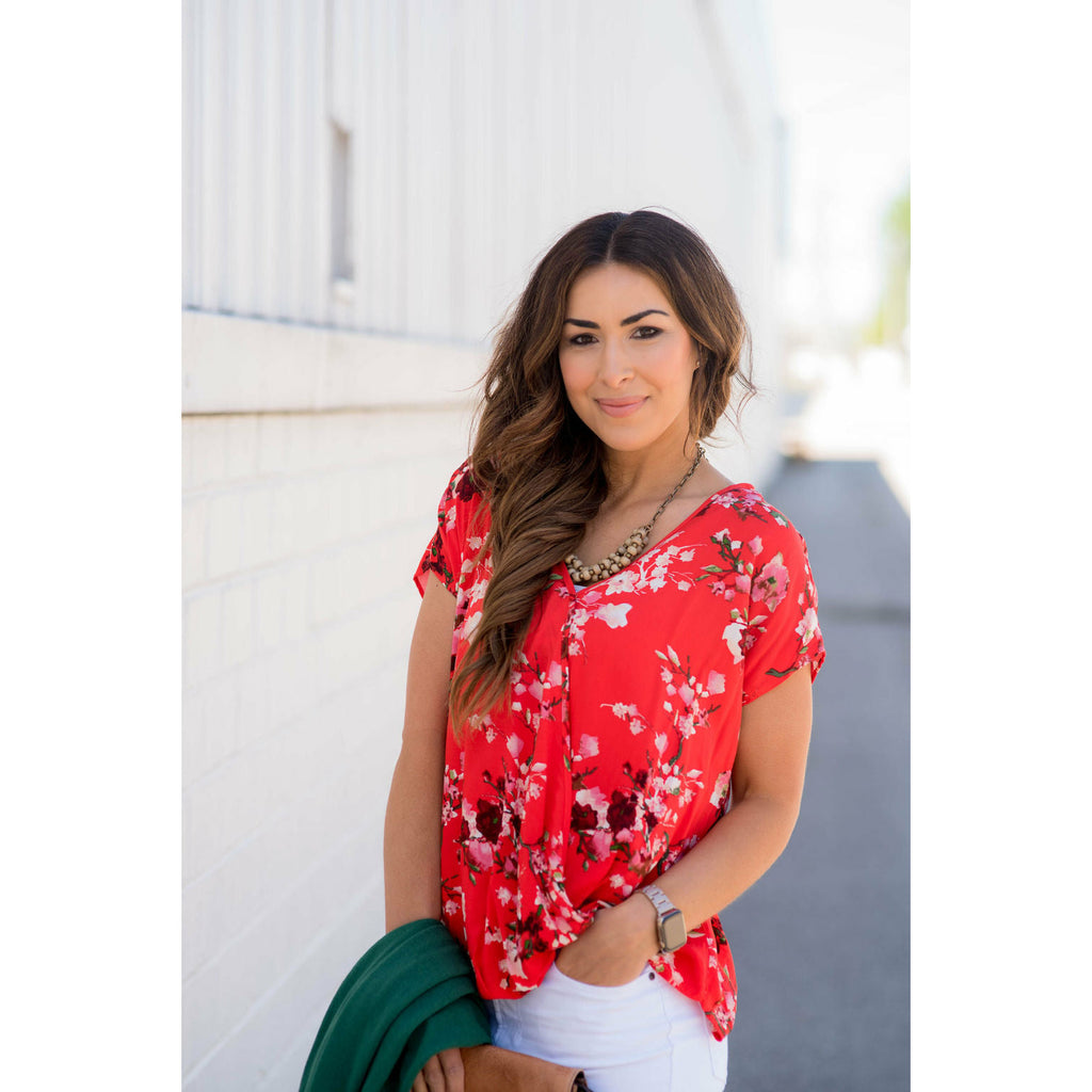 V-Neck Draped Front Floral Blouse - Betsey's Boutique Shop