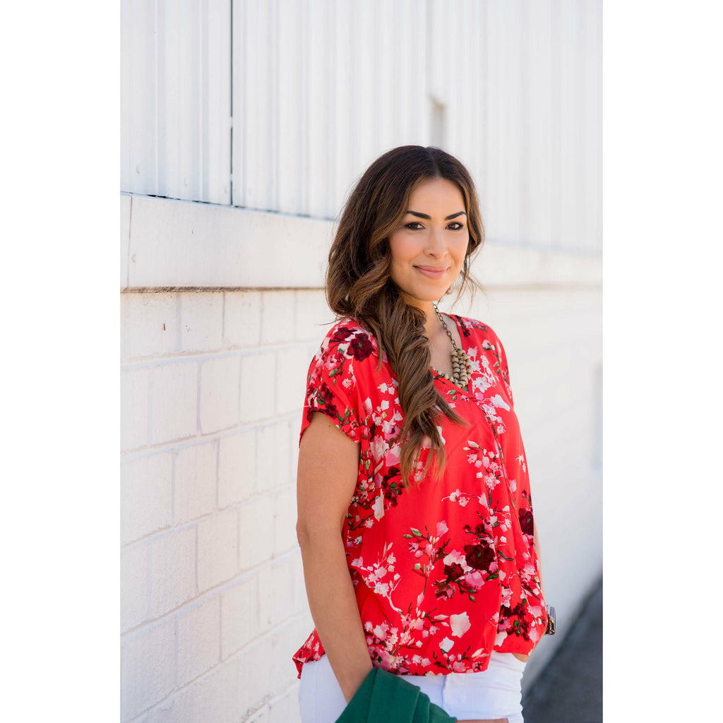 V-Neck Draped Front Floral Blouse - Betsey's Boutique Shop