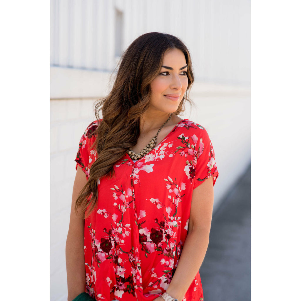 V-Neck Draped Front Floral Blouse - Betsey's Boutique Shop