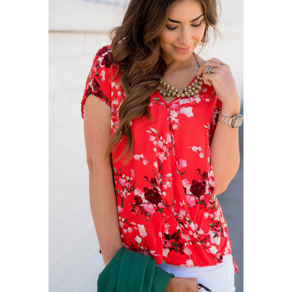 V-Neck Draped Front Floral Blouse - Betsey's Boutique Shop