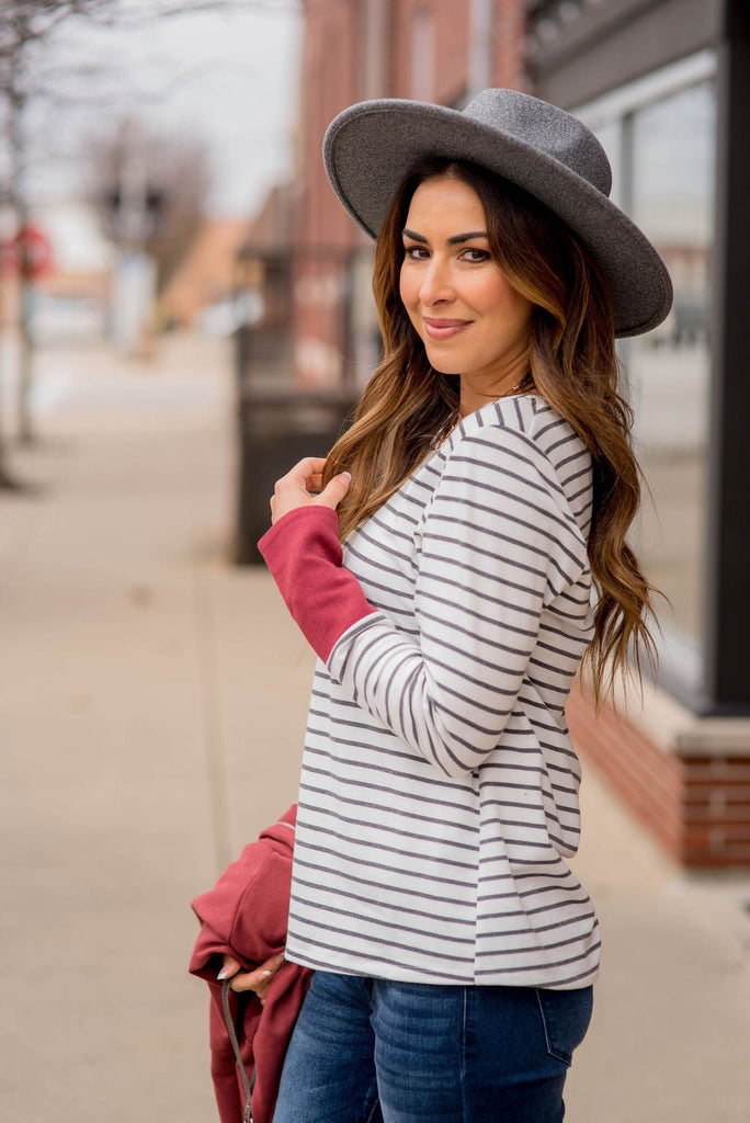 Striped Button Accent Long Sleeve - Betsey's Boutique Shop - Shirts & Tops