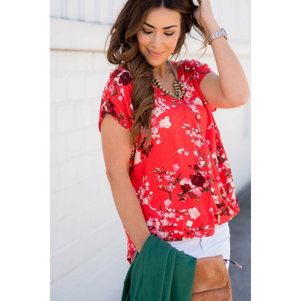 V-Neck Draped Front Floral Blouse - Betsey's Boutique Shop