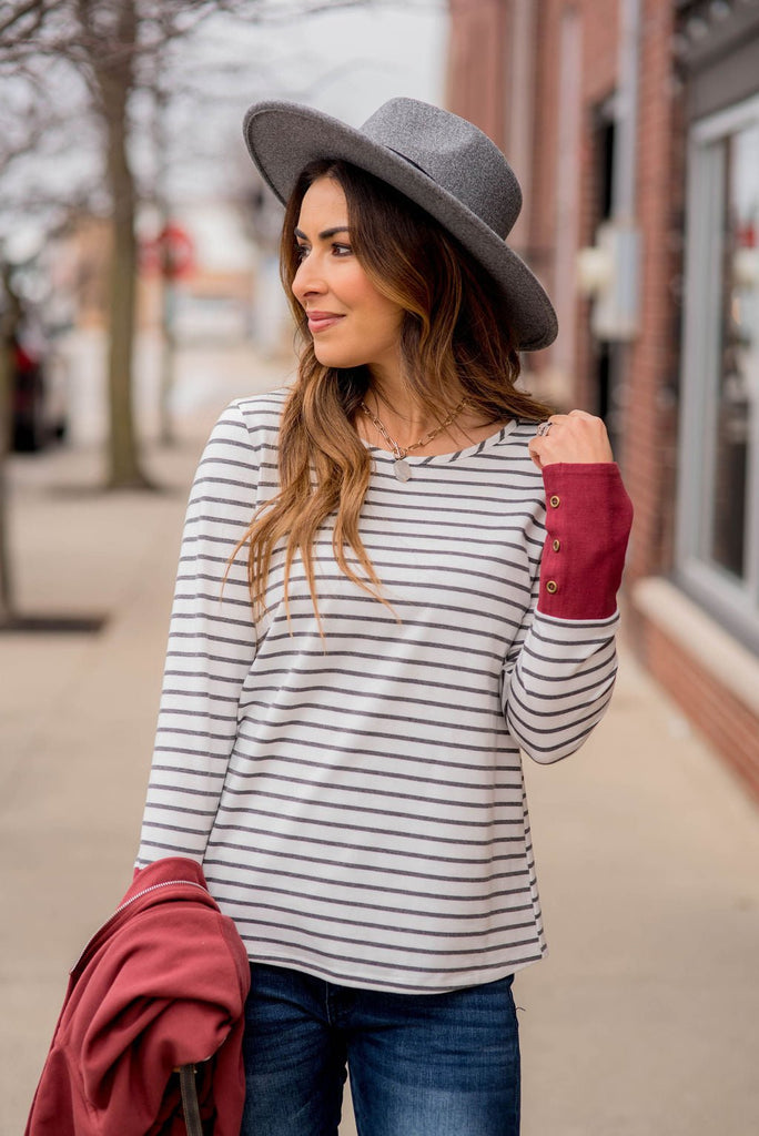 Striped Button Accent Long Sleeve - Betsey's Boutique Shop - Shirts & Tops