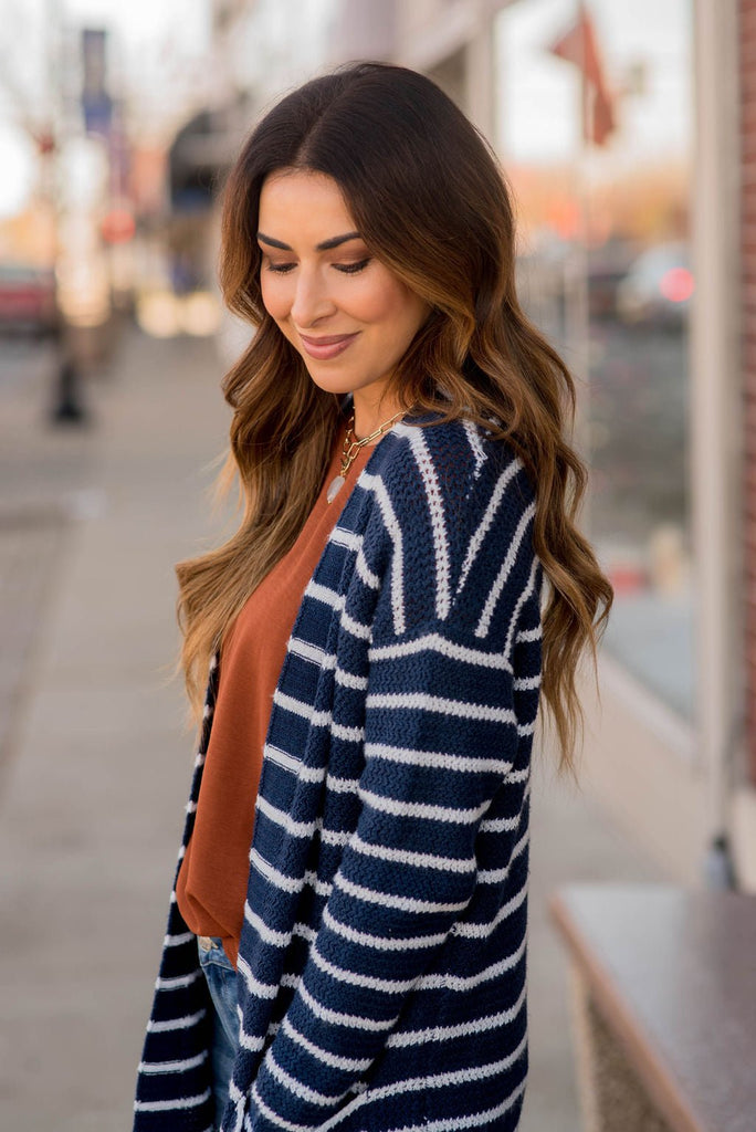 Thin Striped Knit Tunic Cardigan - Betsey's Boutique Shop