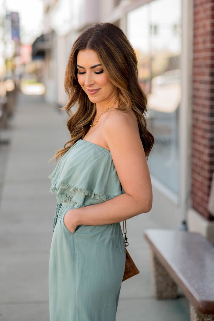 Frayed Edge Strapless Jumpsuit - Betsey's Boutique Shop -