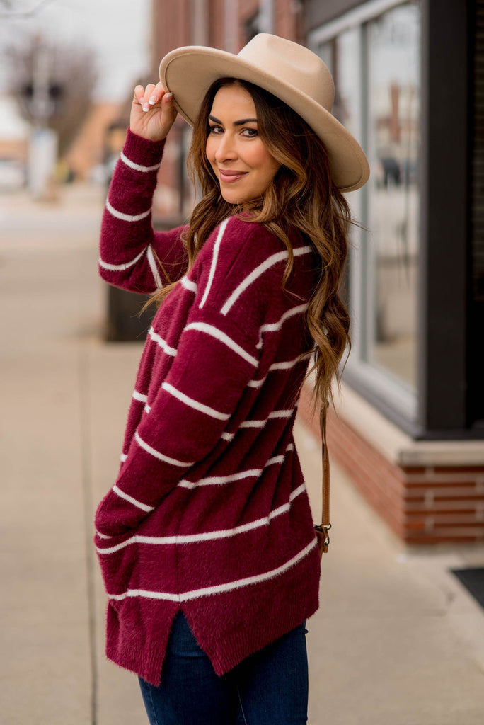 Striped Fuzzy Cardigan - Betsey's Boutique Shop - Coats & Jackets