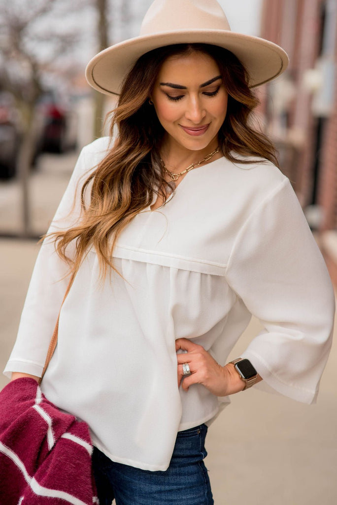 Bell Sleeve Peplum V Blouse - Betsey's Boutique Shop