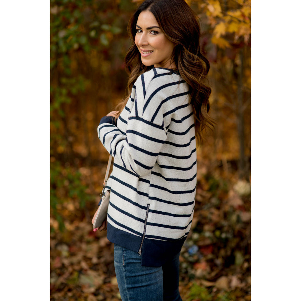 Sassy Side Zipper Striped Sweatshirt - Betsey's Boutique Shop