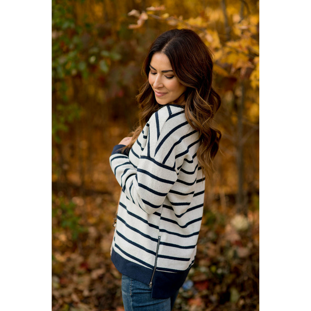 Sassy Side Zipper Striped Sweatshirt - Betsey's Boutique Shop