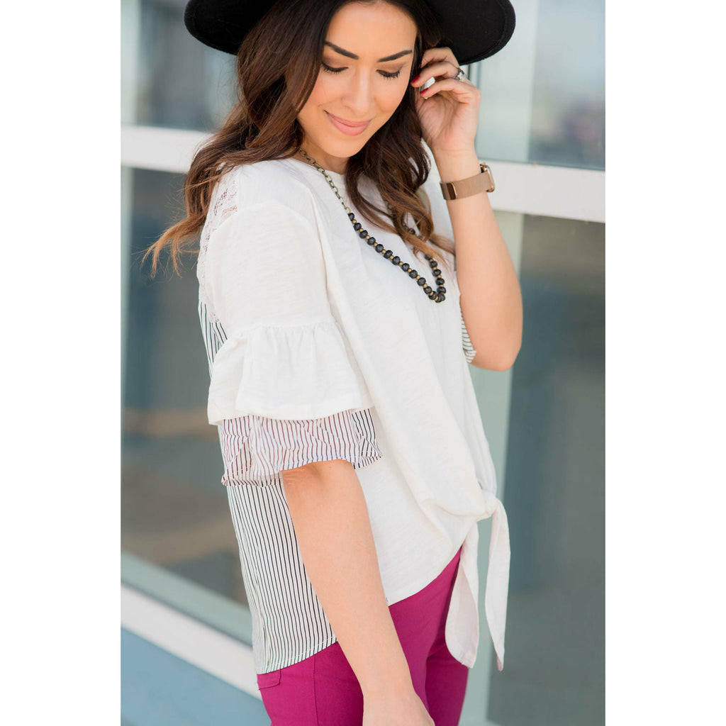 Tie Front Striped Accent Tee - Betsey's Boutique Shop