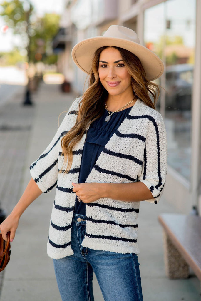 Striped 3/4 Sleeve Knit Cardigan - Betsey's Boutique Shop