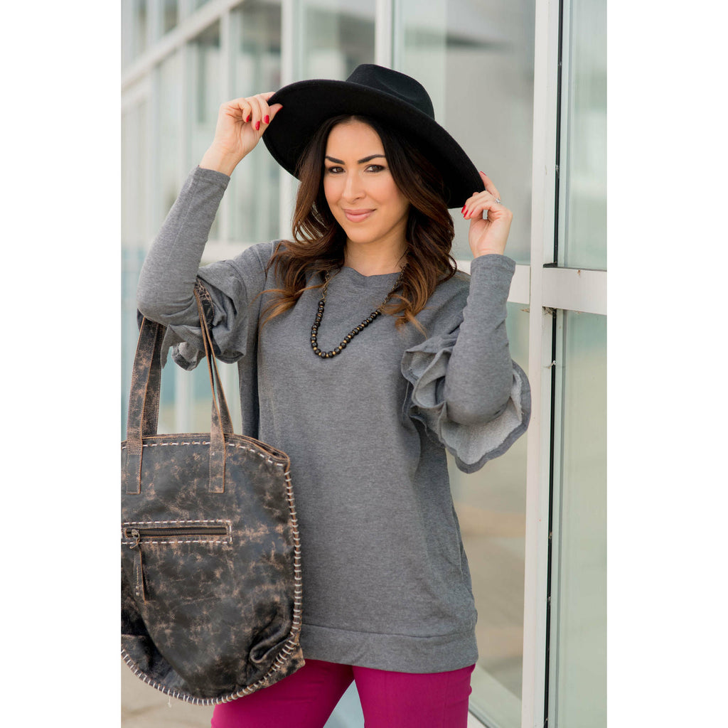 Long Sleeve Ruffle V Back Tee - Grey - Betsey's Boutique Shop